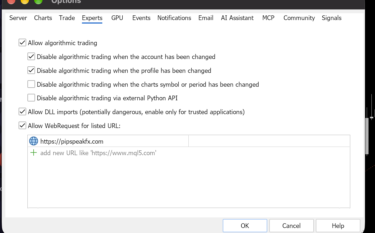 MetaTrader 5 Options, Expert Advisors tab with WebRequest allowed for https://pipspeakfx.com